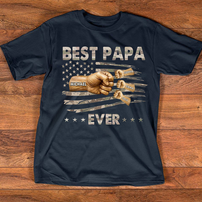 Personalized Best Papa Ever Shirt, Custom Fist Bump Family Names Tee for Papa Grandpa Dad, Patriotic American Flag Fathers Day Shirt