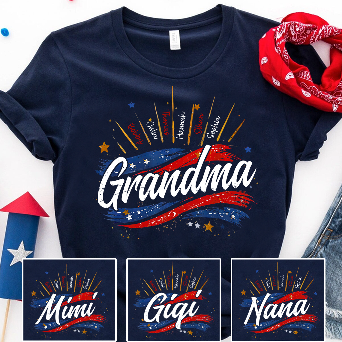 Personalized Grandma Shirt, Custom American Flag Design with Kids' Names, Family T Shirt for 4th of July