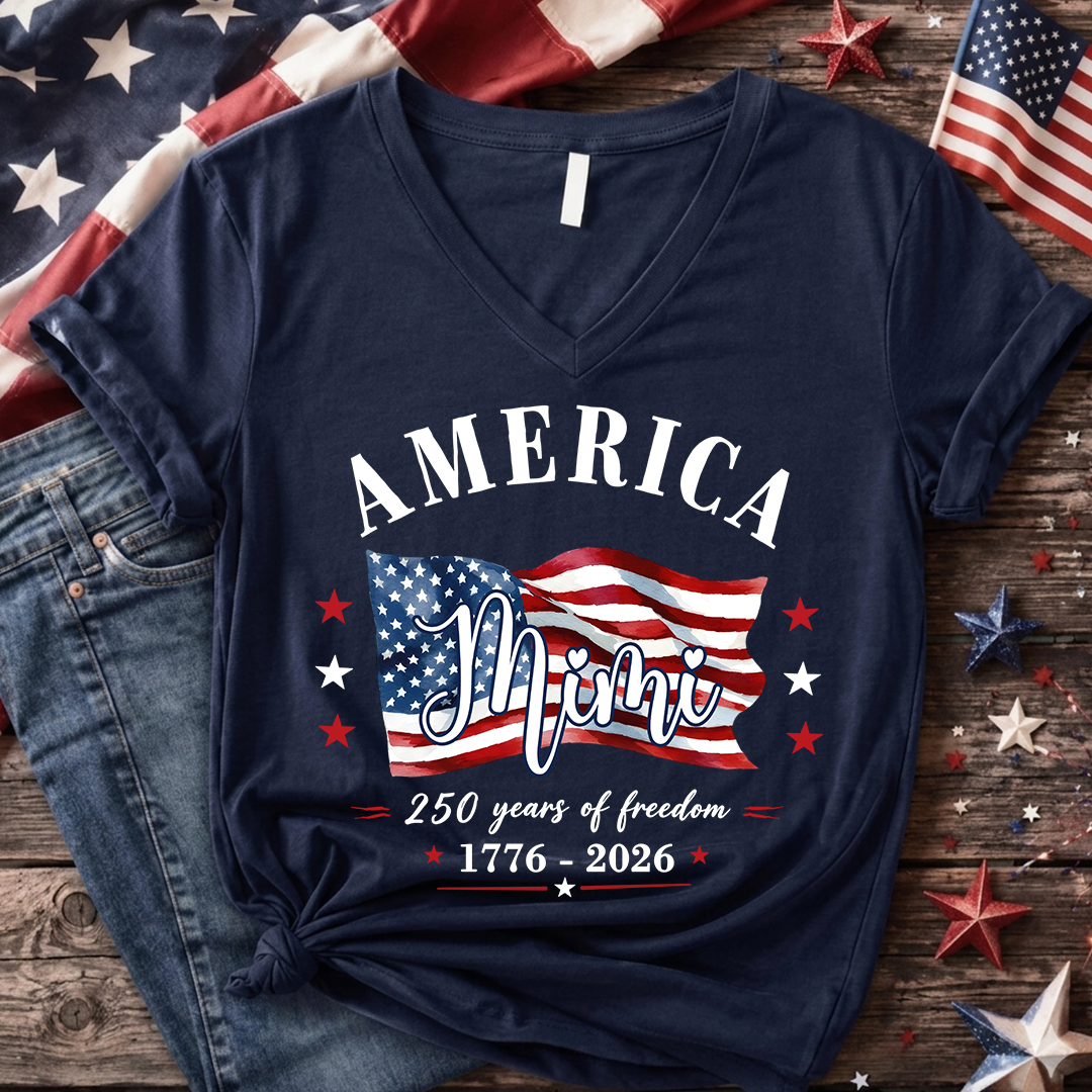 Personalized Mimi America 250 Years of Freedom V-Neck Shirt, Patriotic American Flag Shirt, 1776 2026 USA Celebration, Independence Day Birthday Gift for Mimi Nana Gigi
