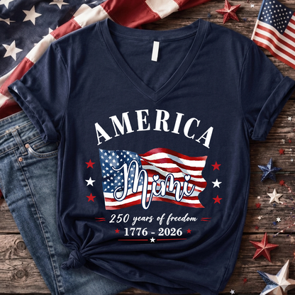 Personalized Mimi America 250 Years of Freedom V-Neck Shirt, Patriotic American Flag Shirt, 1776 2026 USA Celebration, Independence Day Birthday Gift for Mimi Nana Gigi