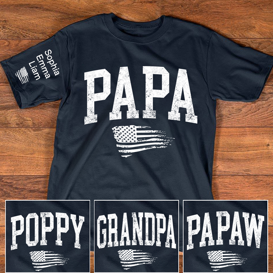 Personalized Papa Shirt with Grandkids Names, Patriotic Flag Custom Sleeve Tee, Fathers Day Birthday Gift for Grandpa