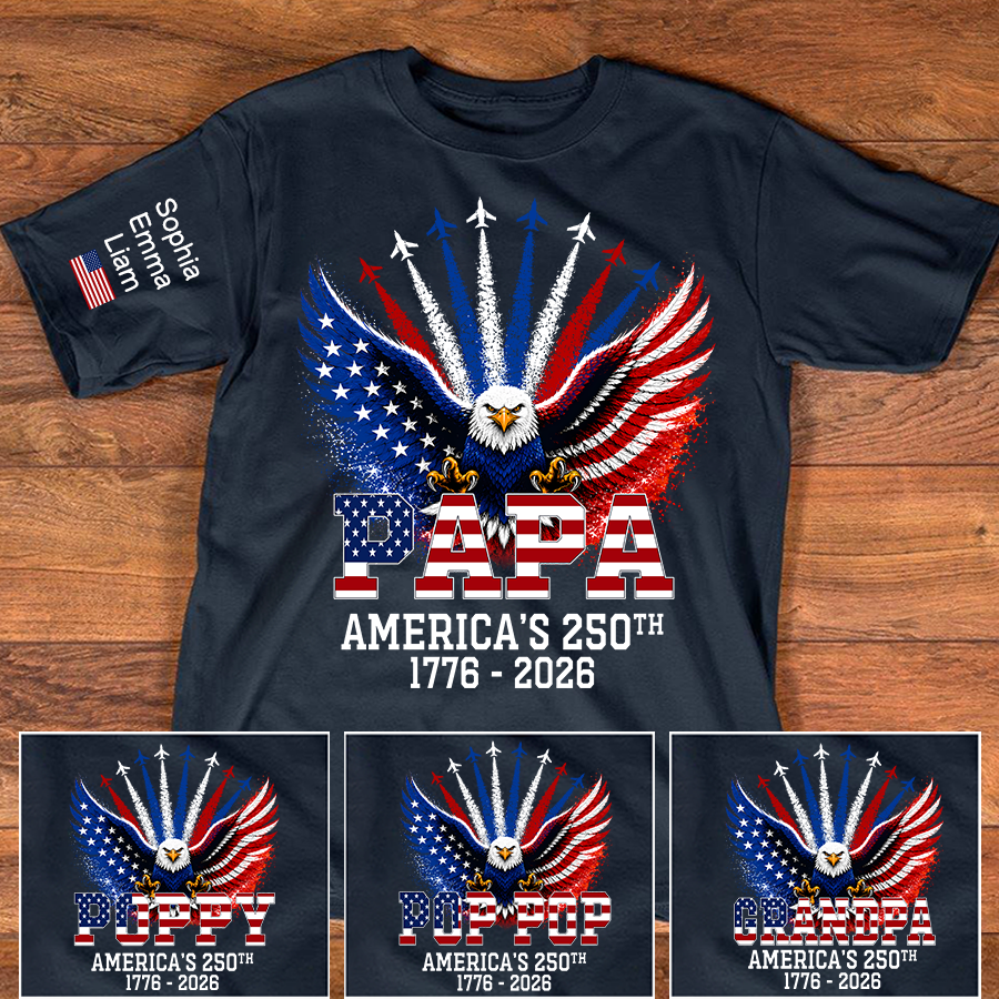 Personalized Grandpa Patriotic Eagle Shirt Custom Kids Names Sleeve, U.S. 250th Anniversary 1776 2026, Gift For Father's Day Birthday