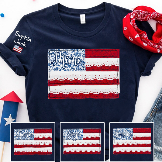 Personalized Mimi Patchwork USA Flag Shirt with Lace Details, Custom Family Name, 4th of July Independence Day T-shirt