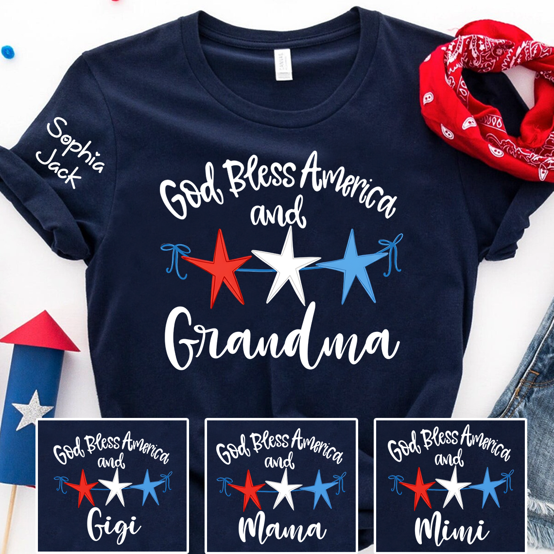 Personalized Custom God Bless America And Grandma T-shirt with Stars Design, Grandma Gigi Mama Mimi Shirt for 4th of July, Patriotic Gift for Mother's Day