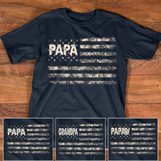 Personalized Papa American Flag Shirt with Kids Names, Custom Grandpa Patriotic Family Shirt, Vintage USA Flag Papa Grandpa Shirt for Fathers Day Birthday Gift