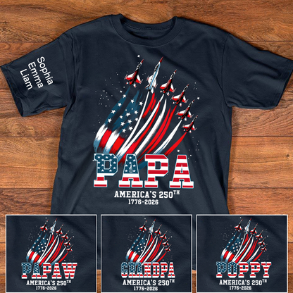 Personalized Papa Patriotic American Flag Shirt with Kids Names, Custom Family Nickname T-Shirt for Dad Fathers Day 4th of July America’s 250th 1776-2026