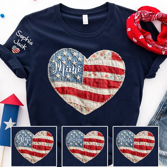 Personalized Patriotic Grandma Heart Shirt, Custom Mimi Nana Gigi Floral Flag Tee with Kids Names Sleeve, American Flag Patchwork 4th of July Gift for Grandma Mothers Day Birthday Shirt