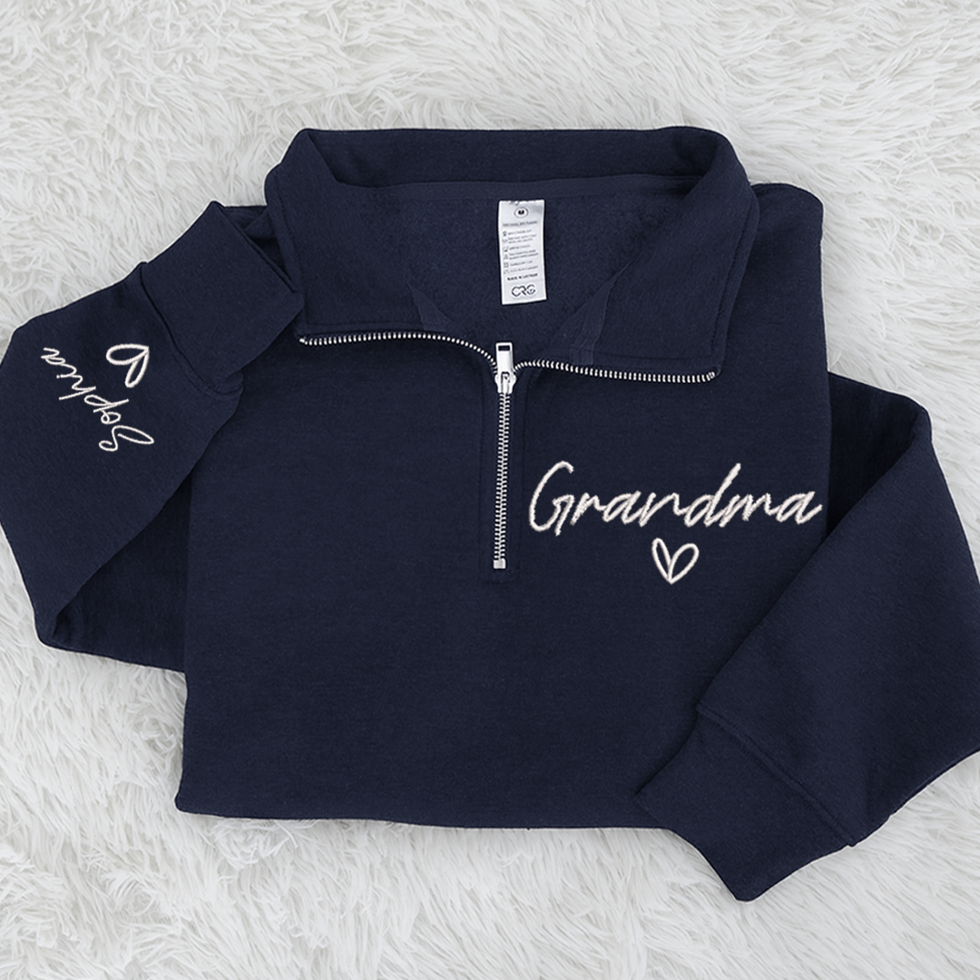 Custom Embroidered Grandma heart Sweatshirt And Grandkids Quarter Zip Sweater