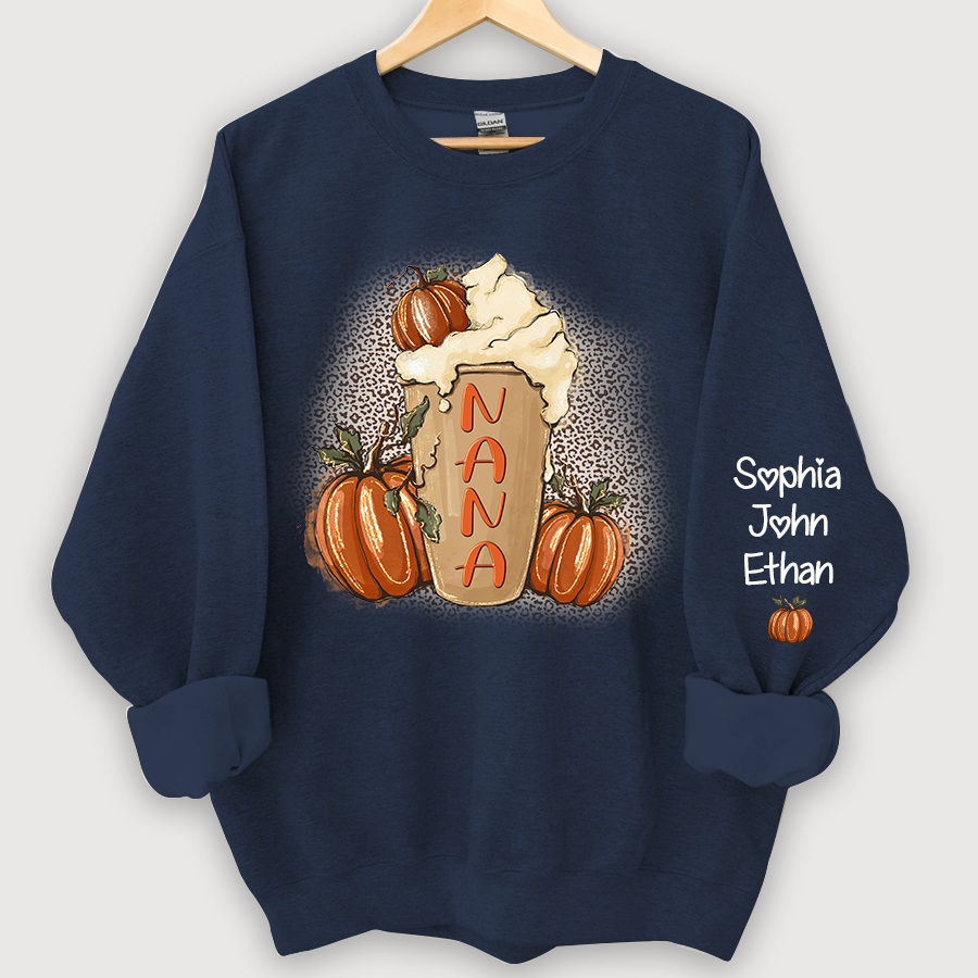 Personalized Nana Latte With Pumpkin Grandkids Fall Latte Coffie Sweatshirt