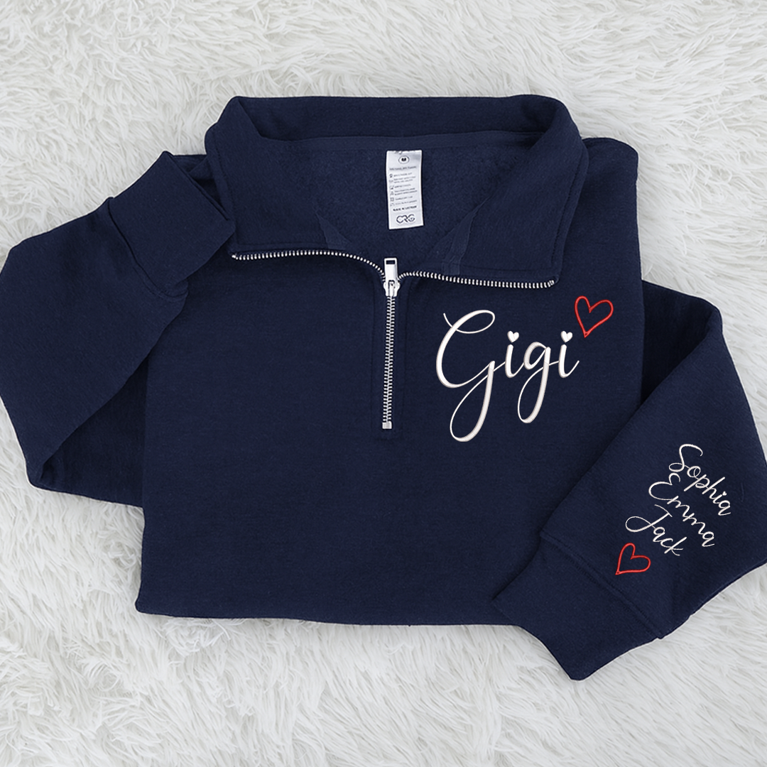 Gigi Heart Sweatshirt, Personalized Gigi Embroidered Quarter Zip Sweater