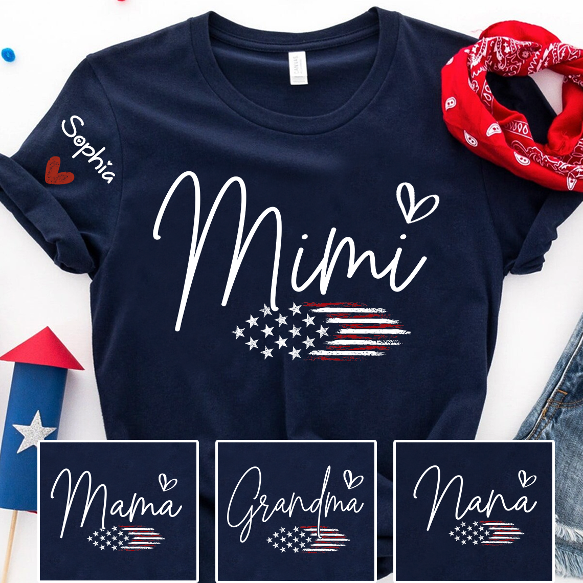 Personalized Mimi American Flag T-Shirt, Custom Design with Name, Patriotic Family Shirt for 4th of July, Gifts for Mother's Day, Birthday