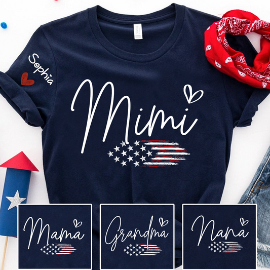 Personalized Mimi American Flag T-Shirt, Custom Design with Name, Patriotic Family Shirt for 4th of July, Gifts for Mother's Day, Birthday
