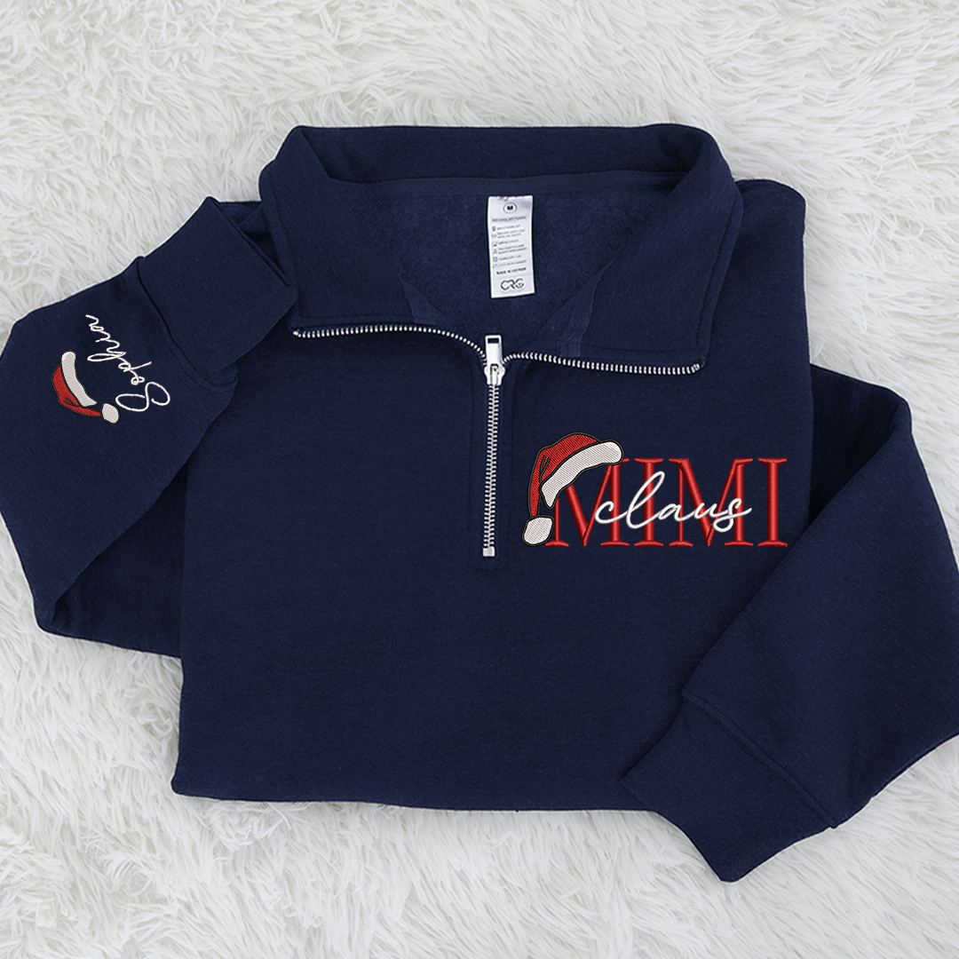 Mimi Claus Sweatshirt, Grandma And Grandkids Embroidered Quarter Zip Sweater