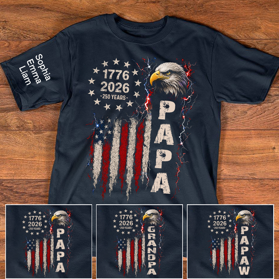 Personalized Papa Patriotic American Flag Shirt with Kids Names on Sleeve, Custom Grandpa Shirt, U.S. 250th Anniversary 250 Years of Freedom, Fathers Day Family Gift