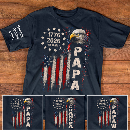 Personalized Papa Patriotic American Flag Shirt with Kids Names on Sleeve, Custom Grandpa Shirt, U.S. 250th Anniversary 250 Years of Freedom, Fathers Day Family Gift