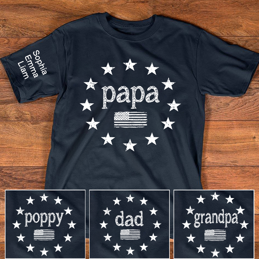 Personalized Papa American Flag Shirt with Kids Names on Sleeve, Custom Grandpa Patriotic Tee for Father’s Day, Gift for Papa Dad Grandfather