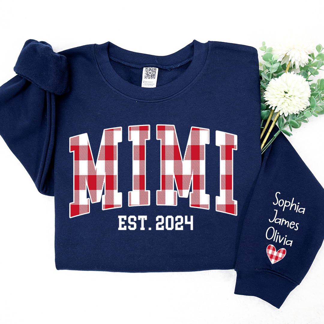 Personalized Nickname Mimi Buffalo Plaid And GrandKids Names Christmas 2024 Sweatshirt