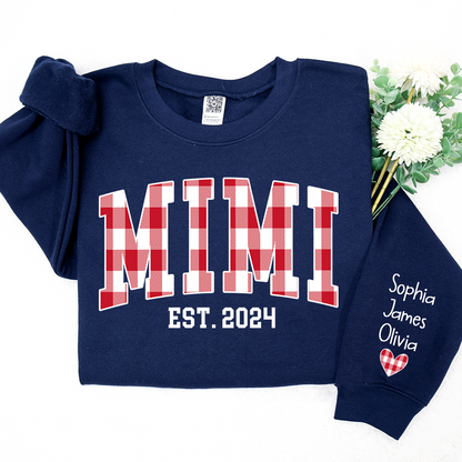 Personalized Nickname Mimi Buffalo Plaid And GrandKids Names Christmas 2024 Sweatshirt