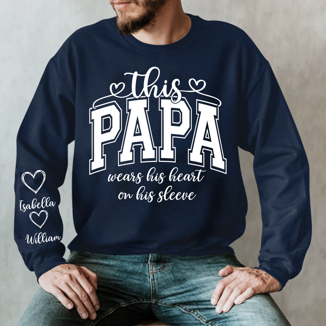 This Papa Wears His Heart On His Sleeve Shirt with Grandkids’ Names, Custom Gift for Grandpa And Kids, Papa Gift Sweatshirt