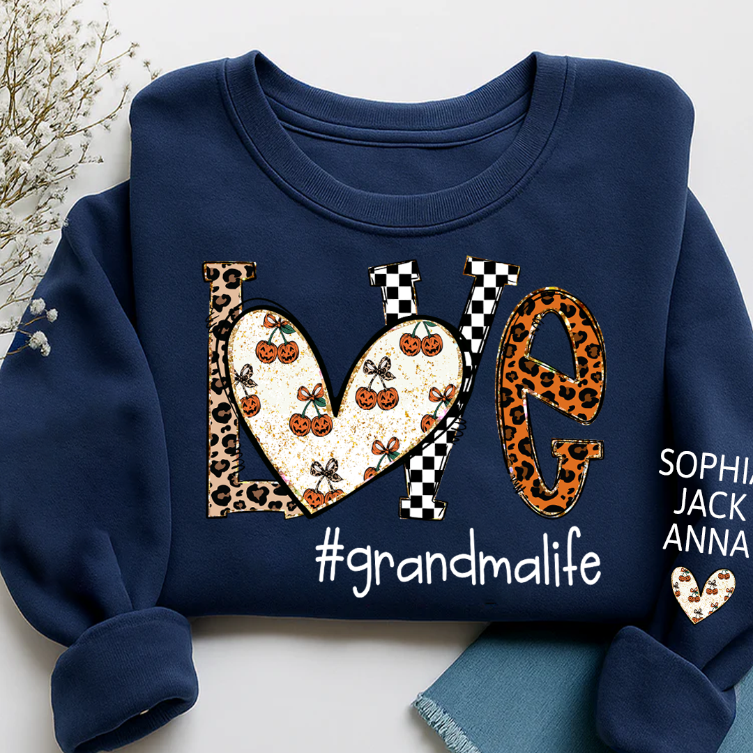 Love grandmalife Pumpkin Leopard Gift For Grandma And Grandkids Names on Sleeve Sweatshirt