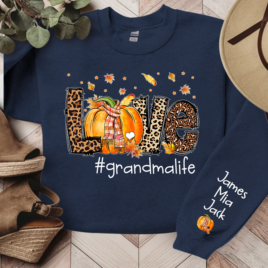 Love Grandma Life Leopard Fall Thanksgiving Halloween Leaves Cute Pumpkin Sweatshirt