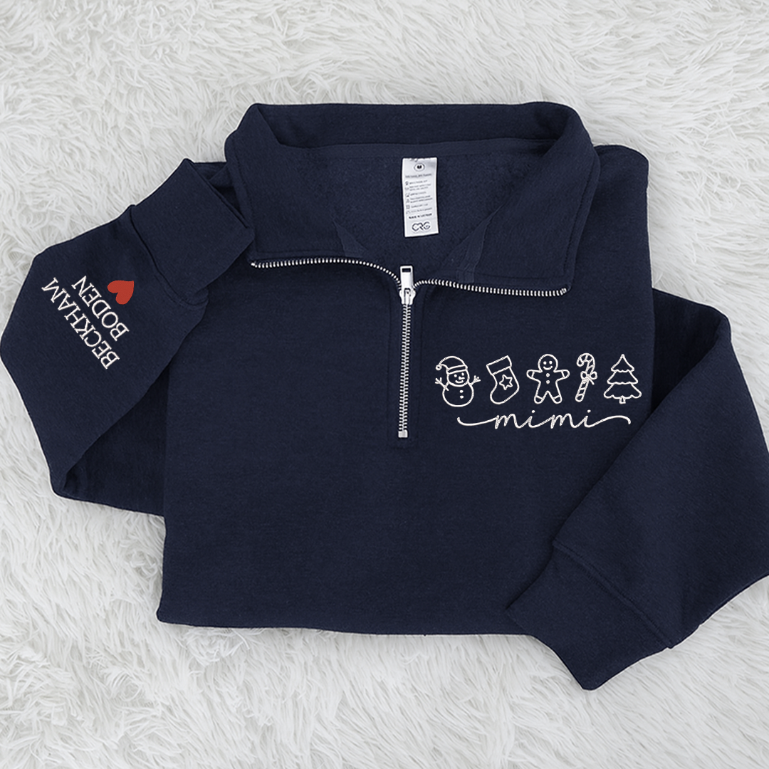 Custom Embroidered Mimi Merry Christmas Design, Gingerbread Sweatshirt And Grandkids Quarter Zip Sweater