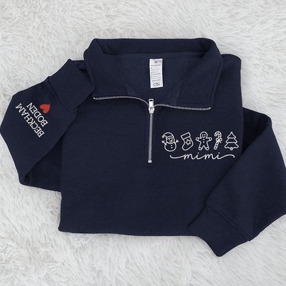 Custom Embroidered Mimi Merry Christmas Design, Gingerbread Sweatshirt And Grandkids Quarter Zip Sweater