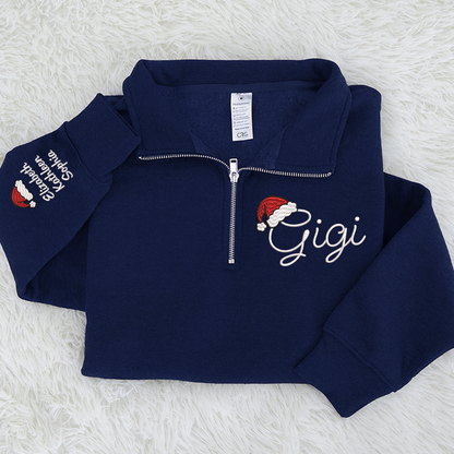 Gigi hat santa Merry Christmas Sweatshirt, Grandma And Grandkids Embroidered Quarter Zip Sweater