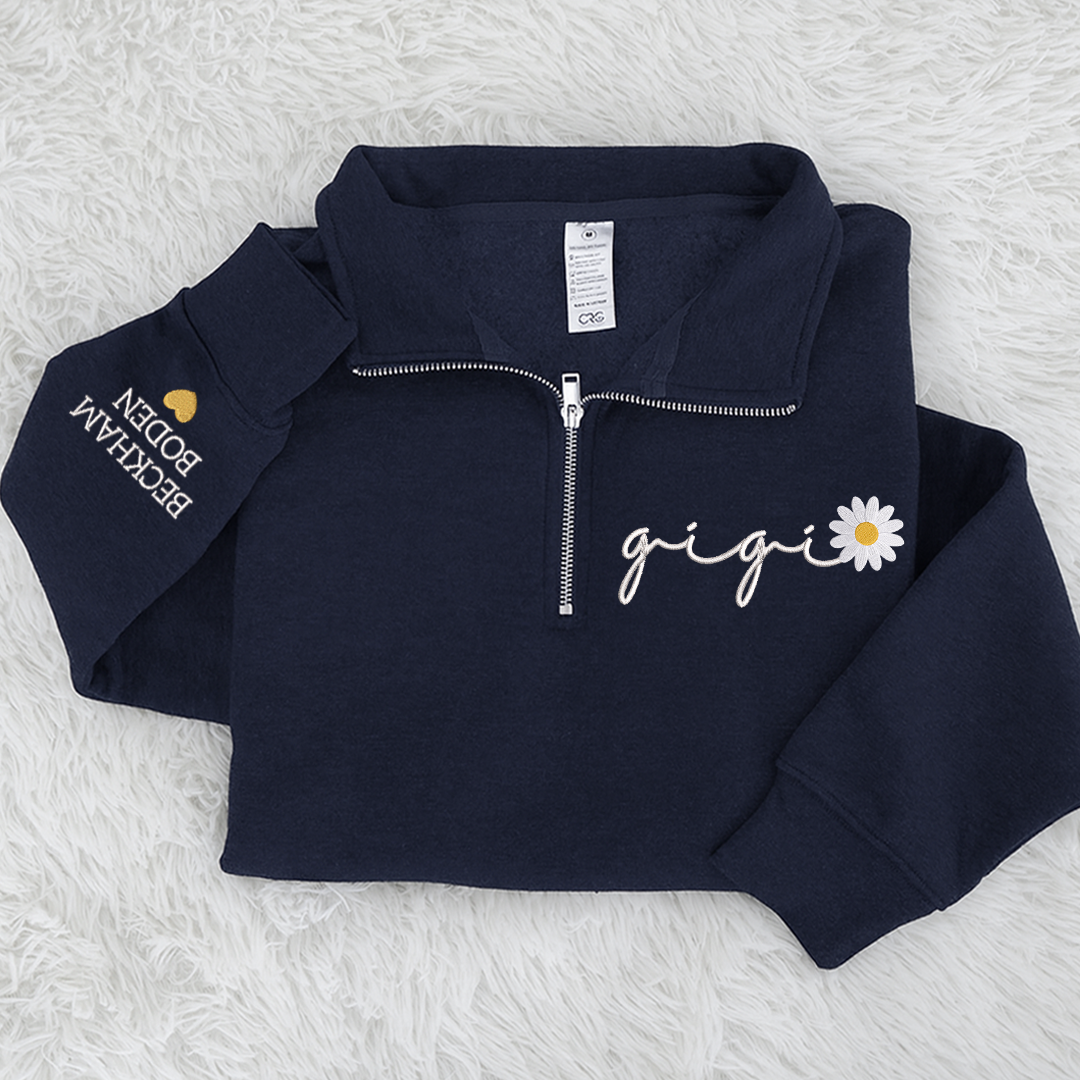 Custom Embroidered Gigi daisy flower Sweatshirt And Grandkids Quarter Zip Sweater