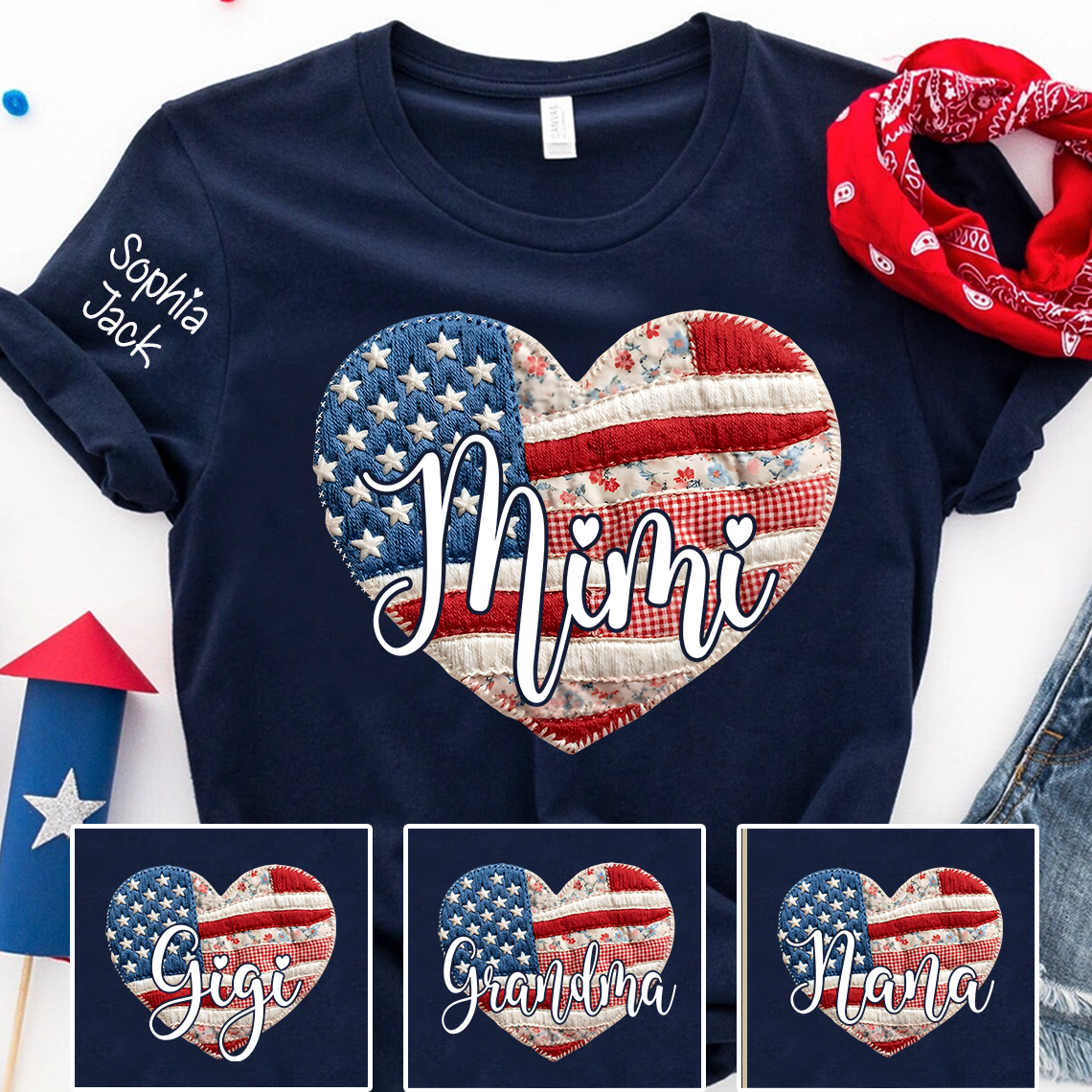 Custom Heart Flag T-Shirt, Personalized American Flag Design for Mimi, Gigi, Grandma, Nana, Patriotic Shirt for Mother's Day, Independence Day, and Birthday Gifts