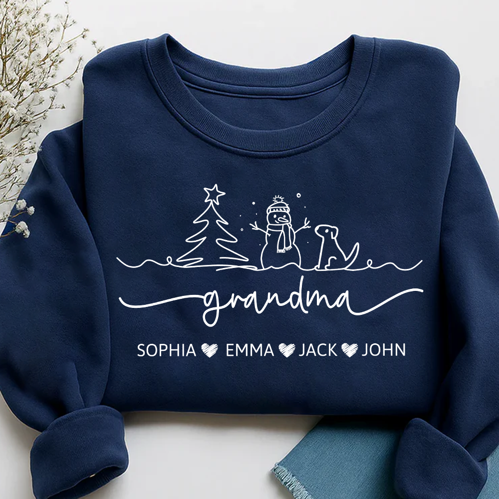 Grandma Snowman Dog Line Drawing And Grandkids Merry Christmas Sweatshirt