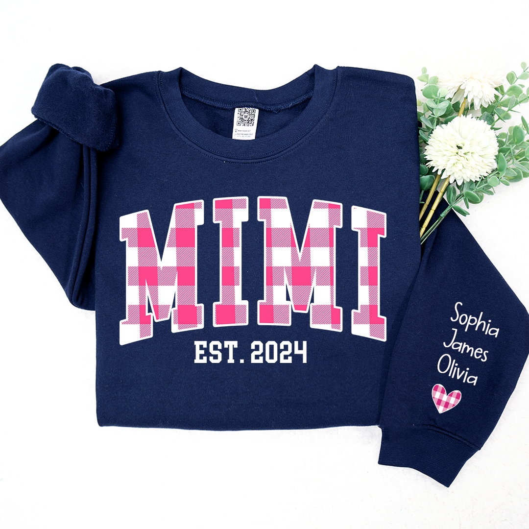 Custom Nickname Mimi Buffalo Plaid Pink And GrandKids Names Christmas 2024 Sweatshirt