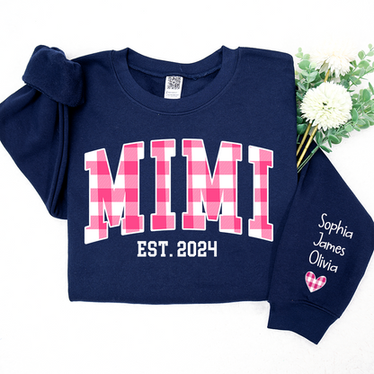 Custom Nickname Mimi Buffalo Plaid Pink And GrandKids Names Christmas 2024 Sweatshirt