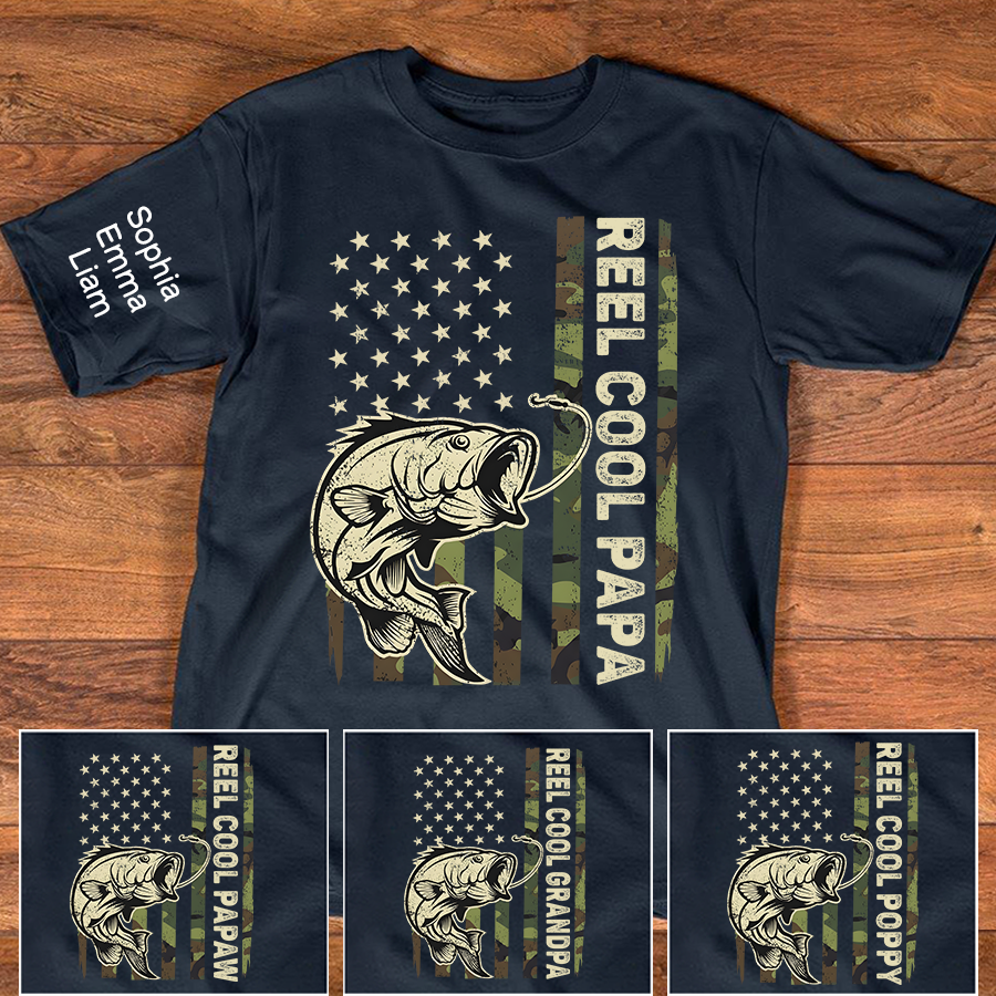 Personalized Reel Cool Papa Fishing Shirt Custom Kids Names on Sleeve, Bass Fish American Flag Shirt for Grandpa Dad, Fathers Day Family Gift