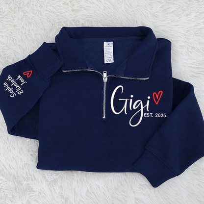 Custom Gigi Heart Est Sweatshirt, Personalized Gigi And Grandkids Embroidered Quarter Zip Sweater