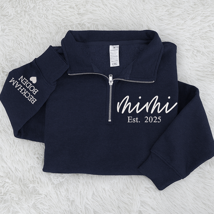 Mimi est Sweatshirt, Grandma And Grandkids Embroidered Quarter Zip Sweater