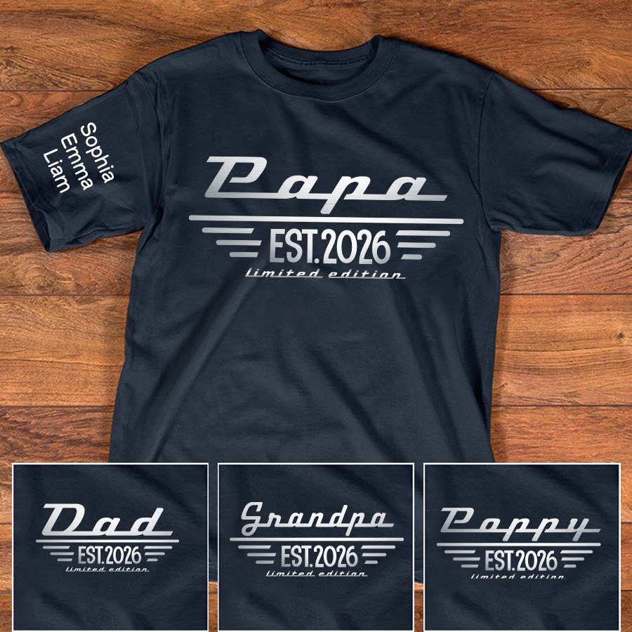 Personalized Papa EST. Limited Edition T-Shirt with Kids Names, Custom Family Nickname Shirt for Dad Fathers Day Gift