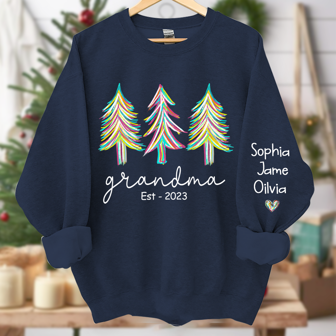 Grandma Est Christmas trees color paint And Grandkids Names Sweatshirt