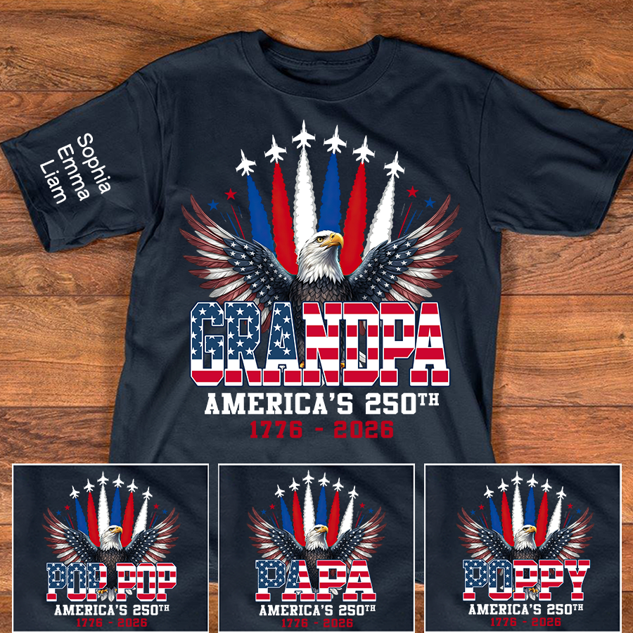 Personalized Grandpa America's 250th Anniversary Shirt Custom Kids Names on Sleeve, Patriotic Eagle Independence Day Shirt, U.S. 250th Anniversary Apparel