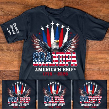 Personalized Grandpa America's 250th Anniversary Shirt Custom Kids Names on Sleeve, Patriotic Eagle Independence Day Shirt, U.S. 250th Anniversary Apparel