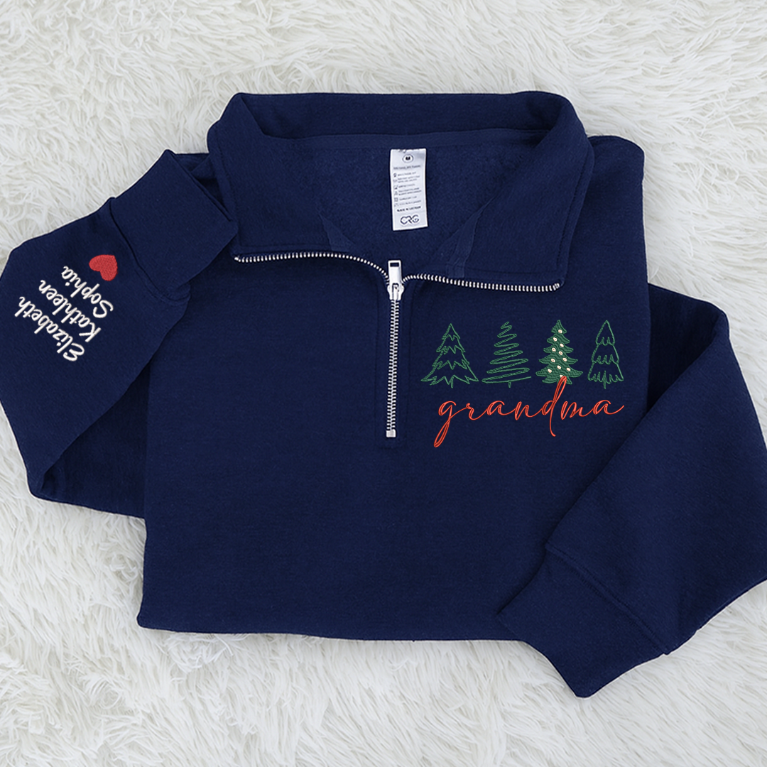 Grandma Tree Merry Christmas Sweatshirt, Grandma And Grandkids Embroidered Quarter Zip Sweater
