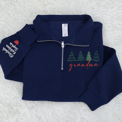 Grandma Tree Merry Christmas Sweatshirt, Grandma And Grandkids Embroidered Quarter Zip Sweater