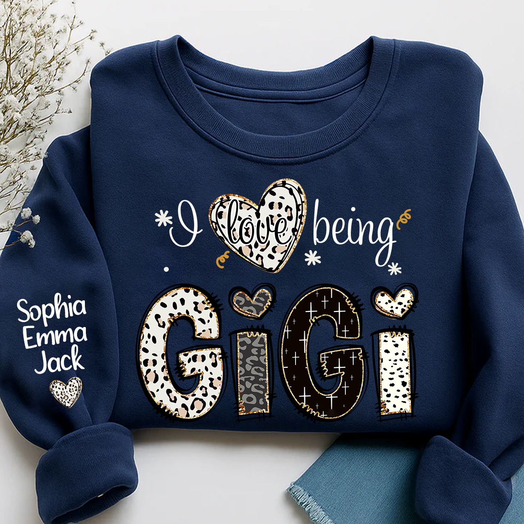 I love being Gigi Bible Style Gift For Grandma And Grandkids Names on Sleeve Sweatshirt