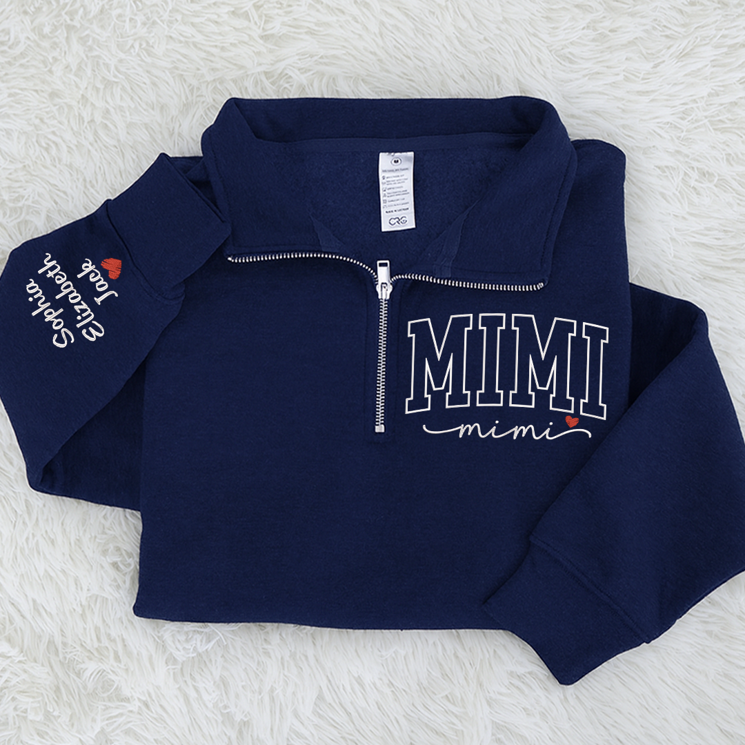 Personalized Mimi Sweatshirt, Mimi Heart And Grandkids Embroidered Quarter Zip Sweater
