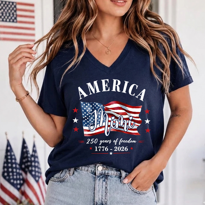 Personalized Mimi America 250 Years of Freedom V-Neck Shirt, Patriotic American Flag Shirt, 1776 2026 USA Celebration, Independence Day Birthday Gift for Mimi Nana Gigi