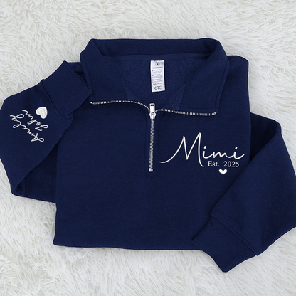 Mimi Heart Est Sweatshirt, Mimi And Grandkids Embroidered Quarter Zip Sweater