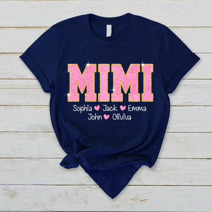 Glitter Pink Custom Name Mimi Nana Grandma And Kids T-Shirt