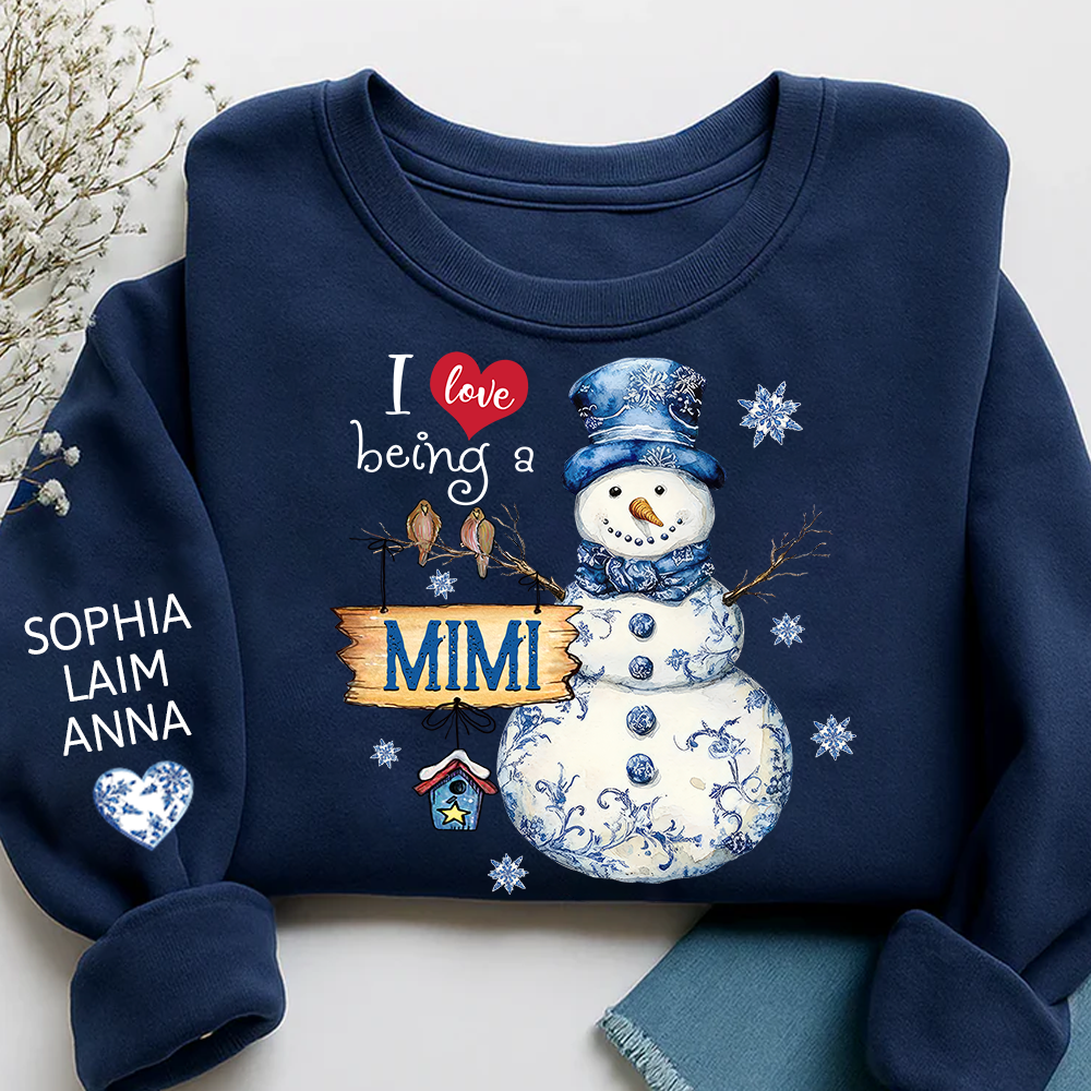 Personalized I Love Being a Mimi Snowman blue toile Sweatshirt and Grandkids Name Winter Design
