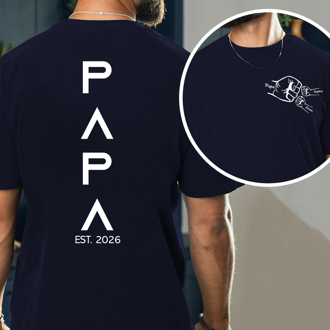 Personalized Papa Fist Bump Shirt with Kids Names, Custom Grandpa Back Print Shirt, Minimalist Papa Year Family Shirt for Fathers Day Birthday Gift