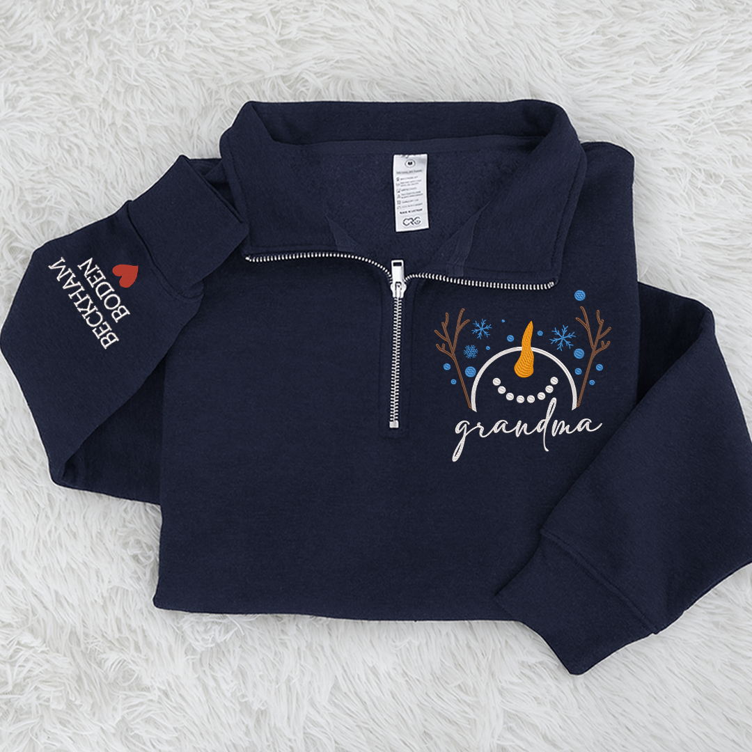 Custom Embroidered Grandma Snowman Sweatshirt And Grandkids Quarter Zip Sweater